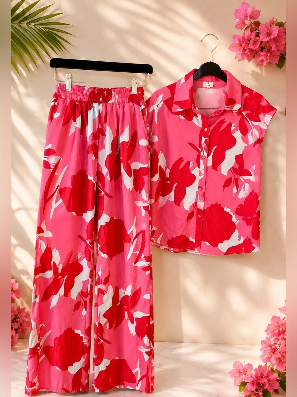 Pink Tropical Floral 2 Piece Set Wide Leg Pants & Button Top S/M